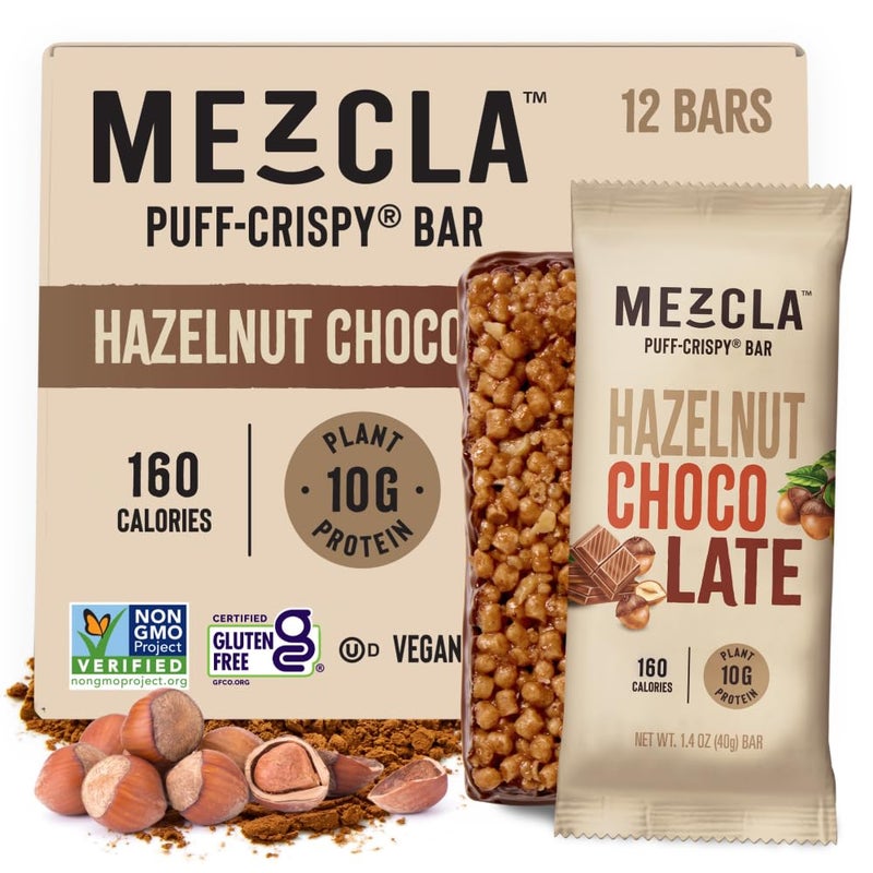 Mezcla Puff Crispy Protein Bars Gluten Free Vegan Protein Bars 10g Protein Alt for Crispy Rice Treat Granola Bars Breakfast Bars Healthy Snacks for Adults Hazelnut Chocolate 12 Pack